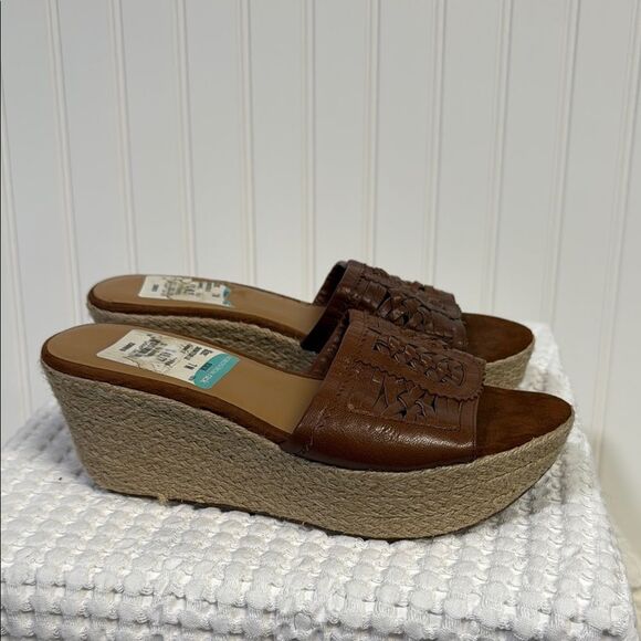 Nine West Brown Leather Mule Wedge Espadrille Sandals Size 7 - Picture 1 of 7